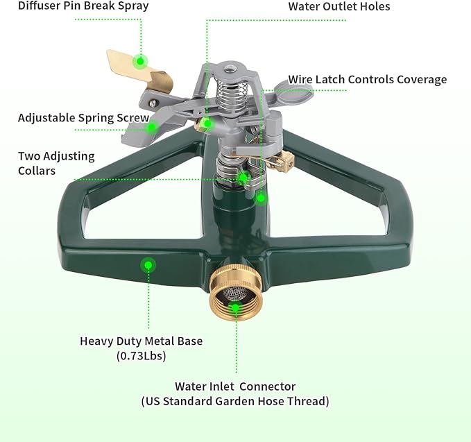 Metal Sprinklers for Yard Heavy Duty Zinc Alloy Pulsating Impact Sprinkler, Adjustable Rainbird Sprinkler Head with Metal Base, Sprinkler System for Lawn Yard Large Area Garden