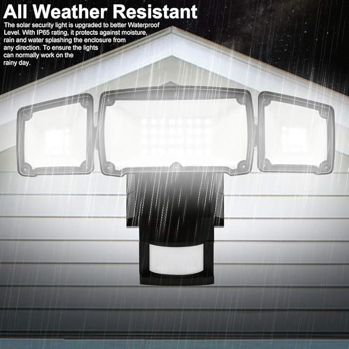 AmeriTop Solar Lights Outdoor, Super Bright 1600LM LED 6000K Solar Motion Sensor Lights with Wide Angle Illumination; 3 Adjustable Heads, IP65 Waterproof Outdoor Security Lighting (Black)