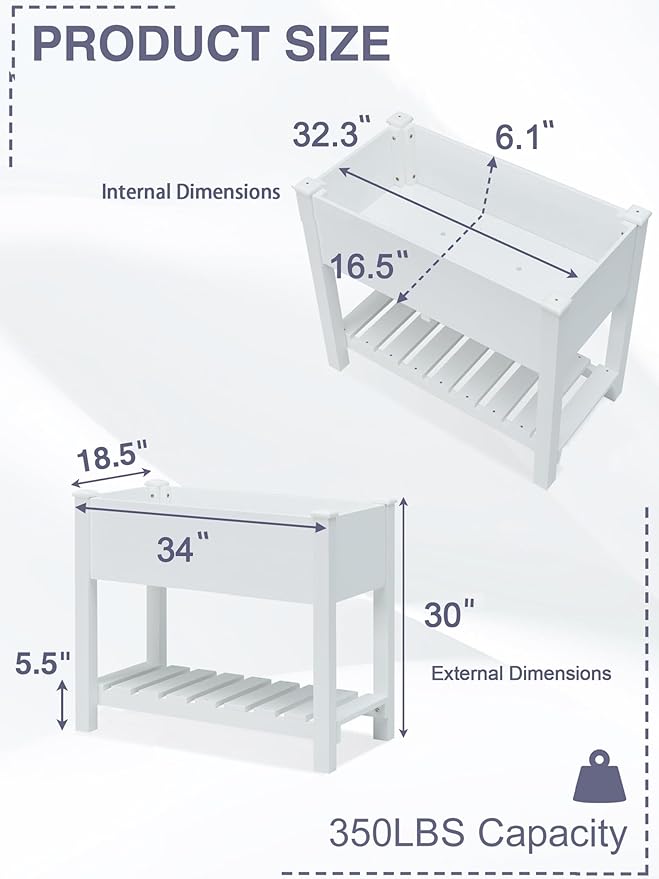 Psilvam Planter Box Raised Garden Bed, Poly Lumber Raised Garden Beds Outdoor with Storage Racks and Tarps, Superior to Cedar Elevated Garden Bed with Leg, for Balcony and Porch, 350 lbs Load (White)