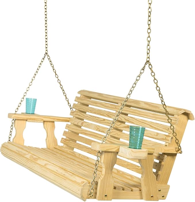 Amish Casual 4 Foot Roll Back Porch Swing with Cup Holders in Unfinished - Amish Made in The USA from Treated Pine Heavy Duty 700 Lb. Weight Capacity