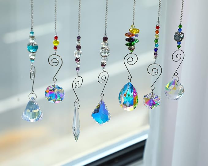7PCS Crystal SunCatchers Hanging Sun Catcher with Colorful Beads Prism Chain Pendant Christmas Ornament, Window Home Wall Tree Cars Hanging Decoration