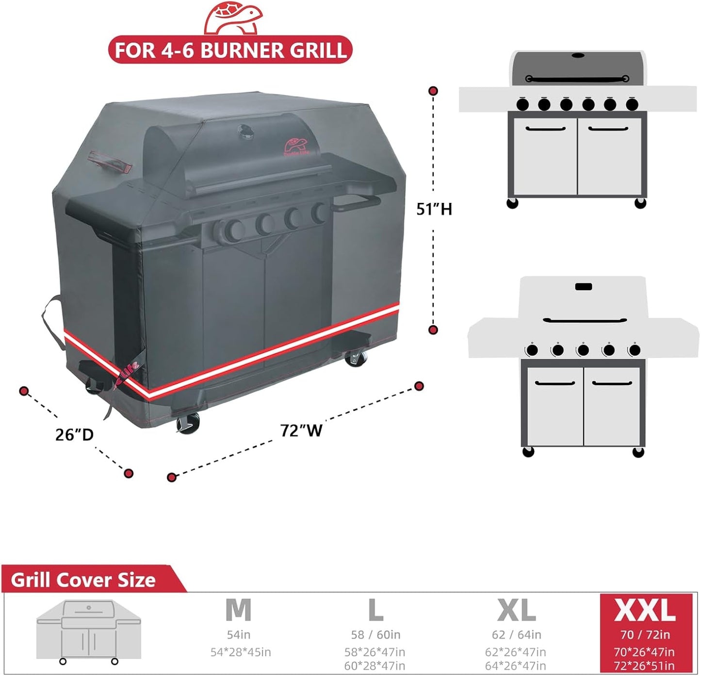 BBQ Grill Cover, 72 Inch Heavy Duty Waterproof 4-6 Burner Barbecue Gas Grill Covers for Weber Genesis Char-Broil Deluxe, Black