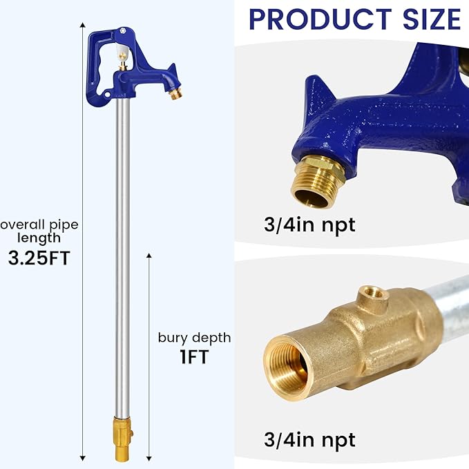 3.25FT Frost-Free Yard Hydrant, Freezeless Frost Proof Hydrant,Water Hydrant 3/4" Pipe Connection,Total Length 3.25ft, 12" Bury Depth,for Yard,Garden,Pasture Irrigation and Drinking