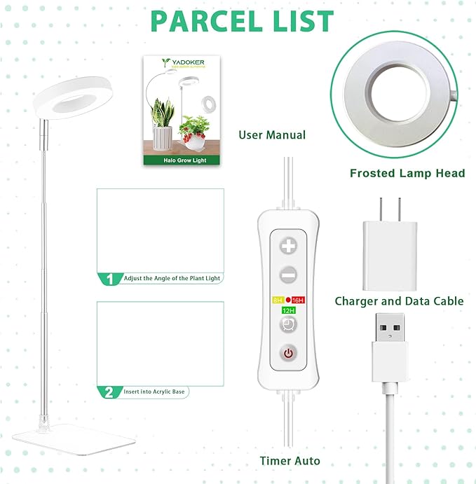 yadoker Halo Plant Grow Light, LED Growing Light Full Spectrum for Indoor Plants,Height Adjustable, Automatic Timer, 5V Low Safe Voltage,Idea for Small Plants