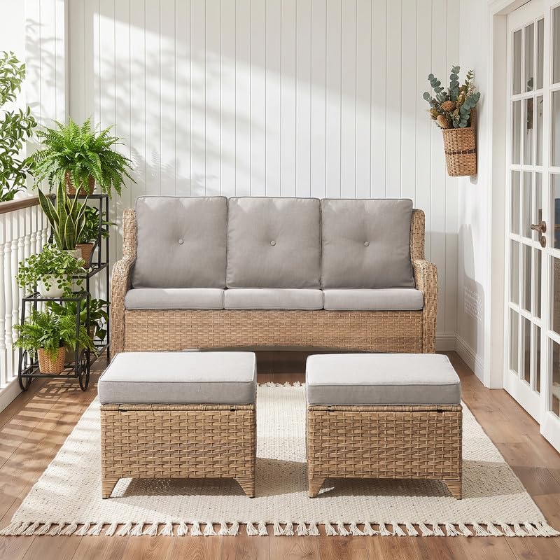 Luxury Outdoor Wicker Patio Ottomans Set of 2, 250 lbs Capacity Rattan Large - Image 5