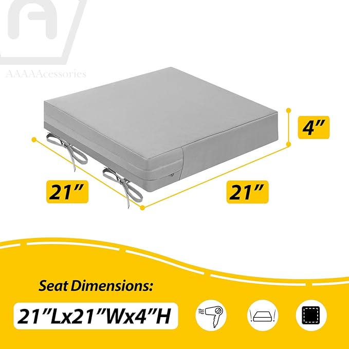 AAAAAcessories Outdoor Seat Cushions for Chairs, Waterproof, Fade-Resistant Patio Furniture Replacement Cushions, 21" x 21" x 4", Set of 2, Gray
