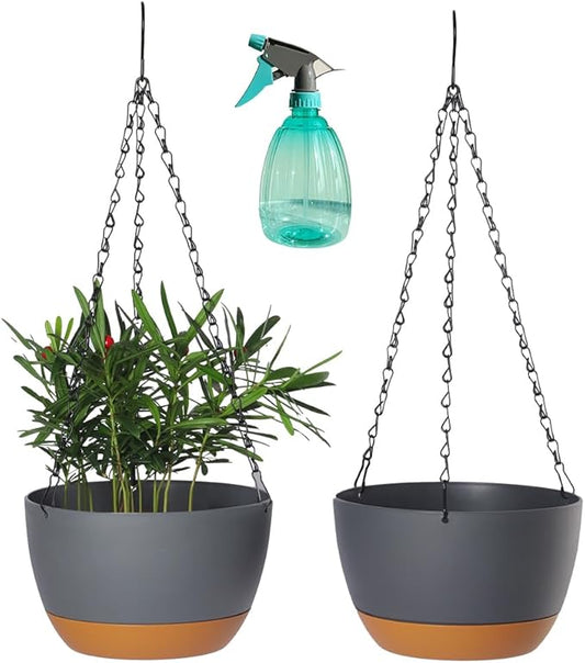 2 Pack Plastic Hanging Planters Set ,10 Inch Hanging Flower Plant Pot with Drainage Hole for Indoor Outdoor Plants, Round Hanging Basket with Removable Tray for Home Garden Porch Balcony Patio Decore
