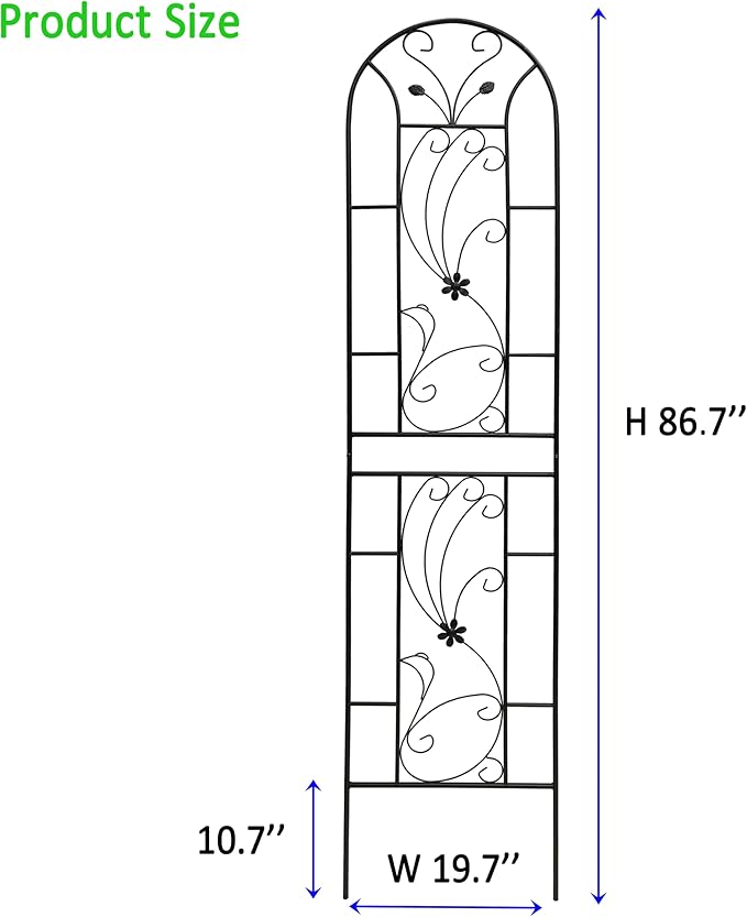 Metal Garden Trellis Rustproof Trellis for Climbing Plants Outdoor Flower Support Peacock Style (Black-2 Pack, 86.7"x19.7")