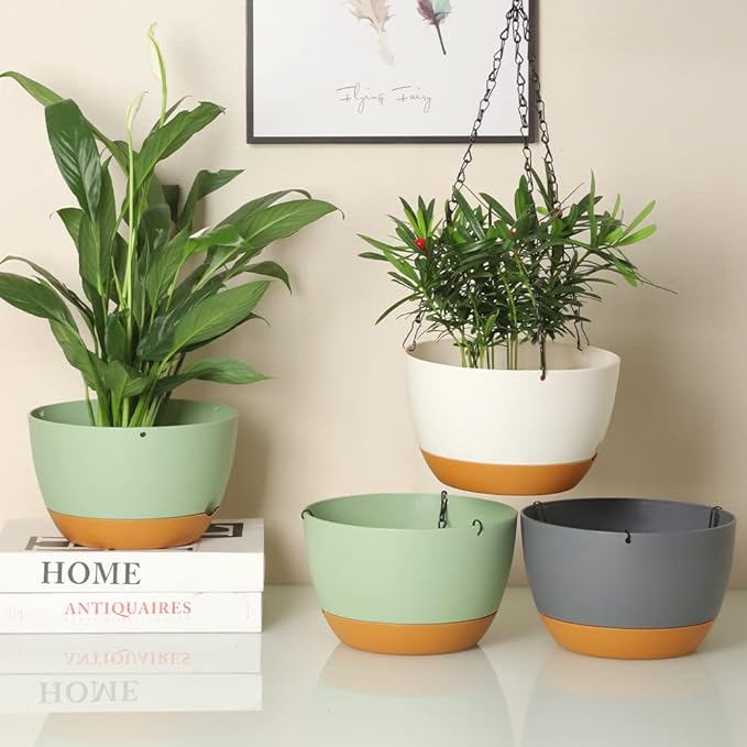 2 Pack Plastic Hanging Planters 10 Inch Hanging Pots with Drainage Hole for Indoor Outdoor Plants, Round Hanging Basket with Removable Tray for Home Garden Porch Balcony Patio Decor