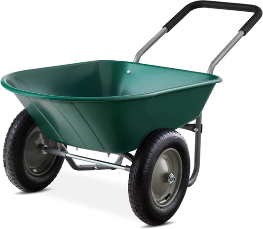 Best Choice Products Dual-Wheel Home Utility Yard Wheelbarrow Garden Cart w/Built-in Stand for Lawn, Gardening, Construction - Green