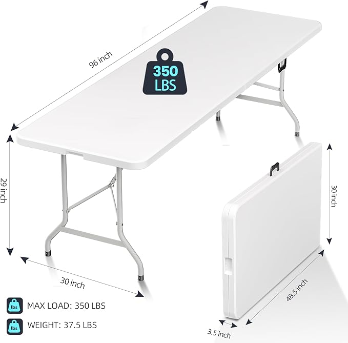 HLPB Folding Table Picnic Table, 8 ft Portable Camping Table with Handle and Safety Locks, Foldable Table Plastic Dining Table Indoor Outdoor for Camping, Picnic and Party