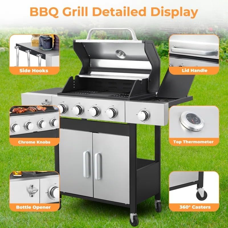 4-Burner Propane Gas Grill With Side Burner, 34,200 BTU Outdoor BBQ Grill with Stainless Steel Warming Rack & Enameled Cooking Grids – Foldable Side Tables, Built-in Thermometer – Heavy-Duty 6" Wheels