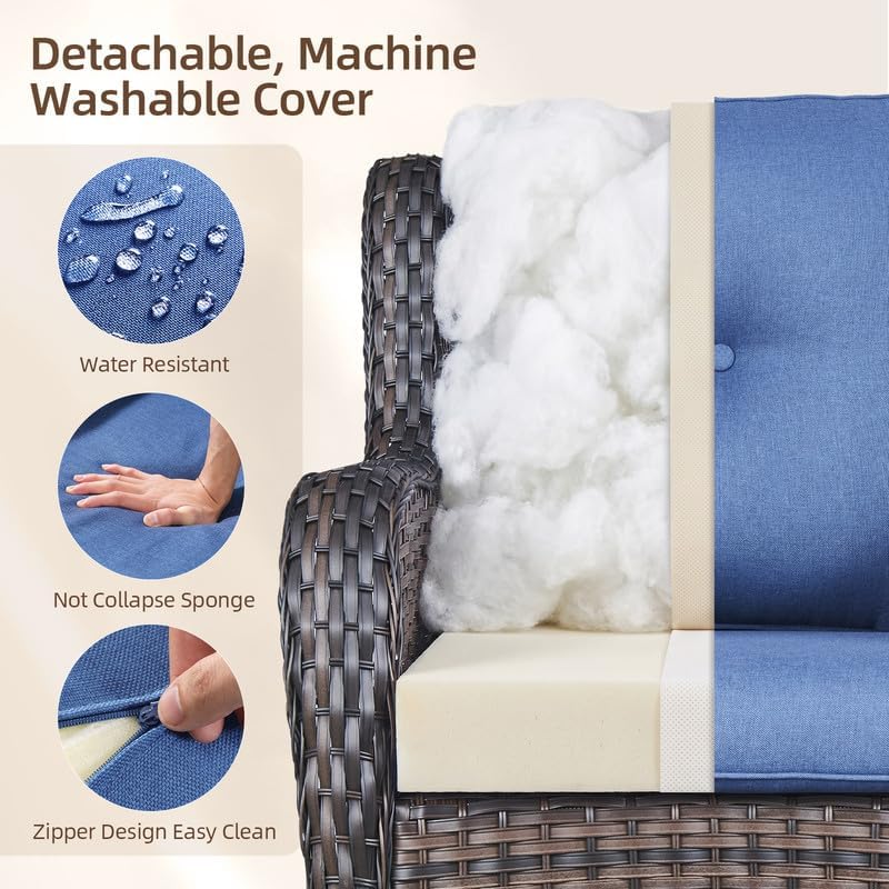 Outdoor Brown Wicker Furniture Set of 5, Wicker Patio Conversation Set Blue - Image 5