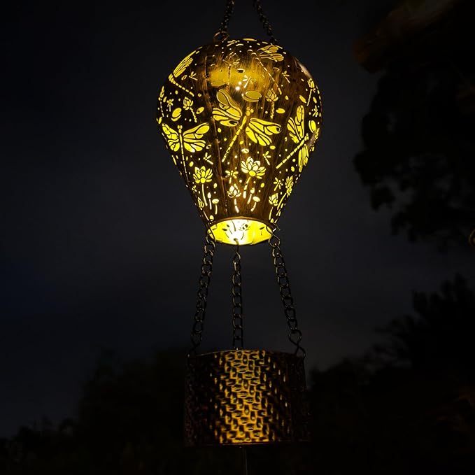 2-Pack Dragonfly Decor Hot Air Balloon Solar Lantern – Outside Decorative Hanging Light for Garden Yard Patio Porch Lawn and Pathway – Unique Housewarming, Birthday Gift for Women Mom Grandma
