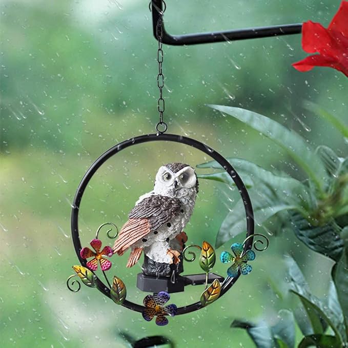 ASFSKY Gift for Owl Lovers Garden Solar Hanging Owl Statue Waterproof Outdoor Hanging Garden Decorations (Brown)