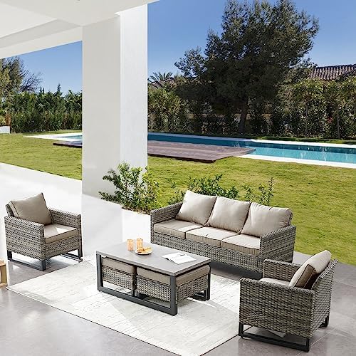 6 Piece Outdoor Furniture Patio Wicker Sofa Set, Oversize Outdoor Dining Chairs - Image 2