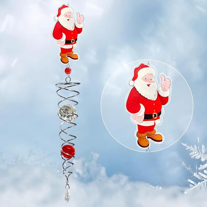FONMY Santa Claus Gazing Ball Spiral Decorative Wind Spinner Sun Catcher Rainbow Maker Silver Spiral W/ K9 Crystal Ball Christmas Tree Hanging Ornament Indoor Outdoor Garden Decor. 22 in