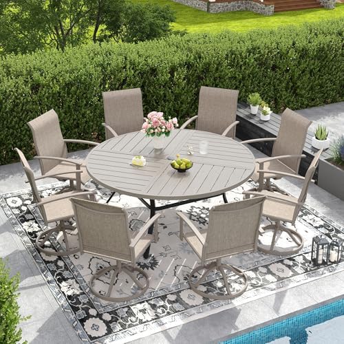 DIFY Outdoor Dining Set for 8, 59.8" Round Table & Sandshell Swivel Chairs by DIFY