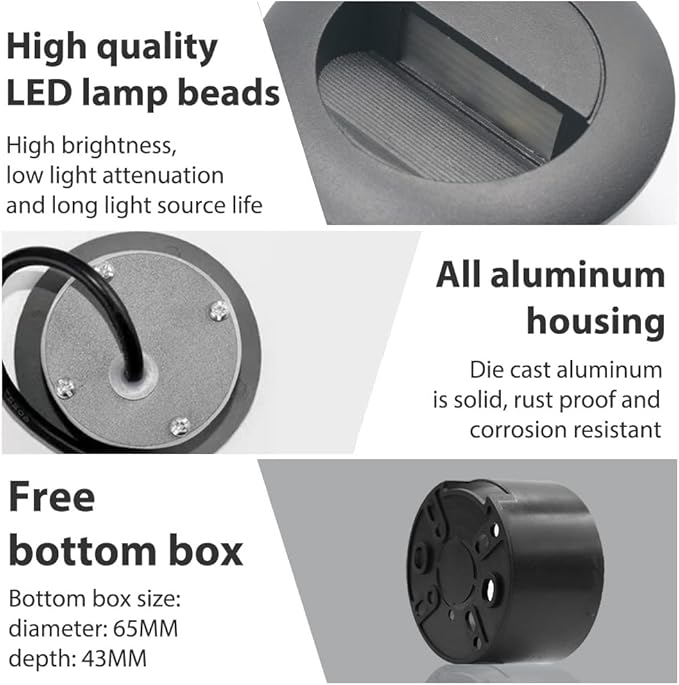 6Pcs 3W LED Recessed Wall Light, Step Light Warm White 3000K, Stair Light Staircase Light Lighting lamp, Inside Outside Garden Balcony Corridor, Aluminum, 120V Black