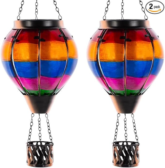 2 Pcs Hot Air Balloon Solar Lantern, Unique Solar Hot Air Balloon with Flame, Hanging Outdoor Lanterns Waterproof Decor for Patio, Garden, Porch