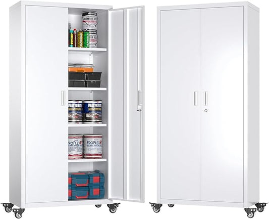 73" H Metal Garage Storage Cabinet with Wheels,Rolling Tool Storage Cabinet with 2 Doors and 4 Adjustable Shelves for Garage,Home,Office,Warehouse,Workshop, Required-Assembly,White