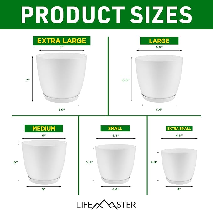Eco Friendly Plant Pot Set - 10-Pack Home Decor Flower Indoor and Outdoor Plastic Pots with Drainage Holes, Assorted Sizes (7", 6.6", 6", 5.3", 4.8") - Stackable Garden Versatile Planters