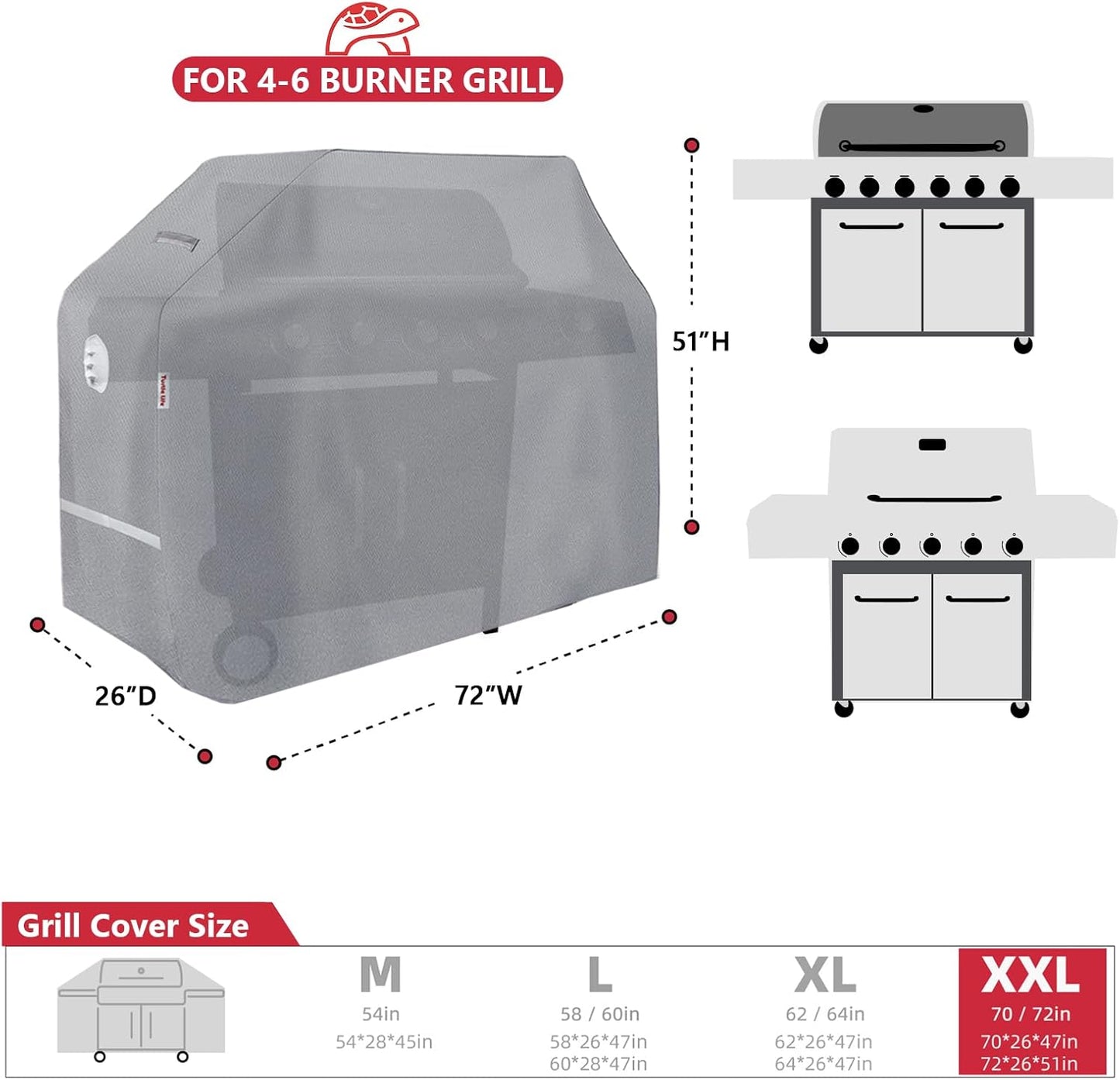 BBQ Grill Cover, 72 Inch Heavy Duty Waterproof 4-6 Burner Barbecue Gas Grill Covers for Weber Genesis Char-Broil Brinkmann, Gray