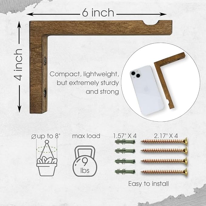 2-Piece Set of Plant Hooks for Wall 6 Inch - L-Shaped Mounted Wooden Plant Hook - Indoor and Outdoor Bracket Plant Hanger for Planters, Lanterns, Bird Feeders and Plant Basket (Walnut)