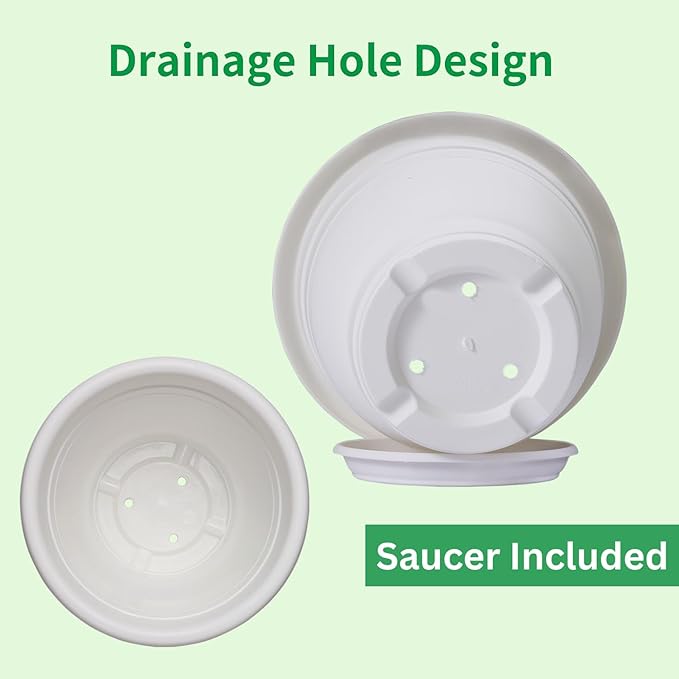 5 Packs 12 inch Flower Pots + Saucer, Planters for Indoor & Outdoor Plants with Drainage Holes | Plastic Flower Pots, Large Planter (White, 12 inch)