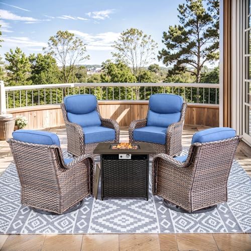 5-Piece Wicker Swivel Patio Chairs and Fire Pit Table Set by HUMMUH