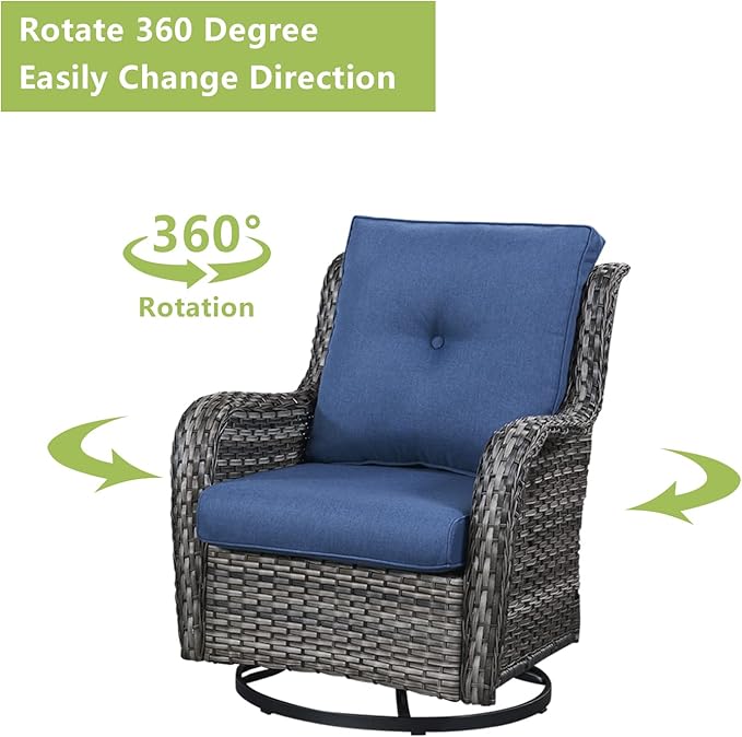 Outdoor Wicker Patio Furniture Set - 5 Piece Rattan Patio Conversation Set with 2 Rocking Swivel Chairs,2 Ottomans and 1 Loveseat for Porch Deck Backyard Garden(Mixed Grey/Blue)