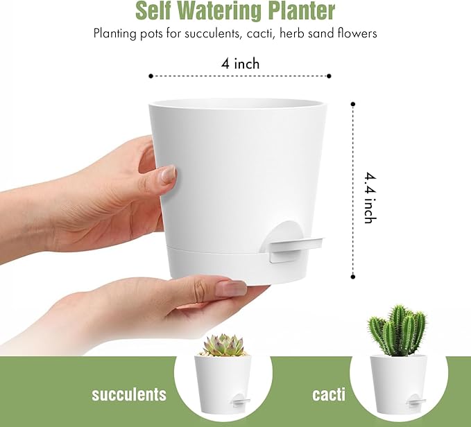 4 inch Self Watering Pots for Indoor Outdoor Plants, 6 Pack Plastic Flower Planters with Drainage Holes and Removable Saucers, Plant Pots with Wicking Rope, Modern Decor, White