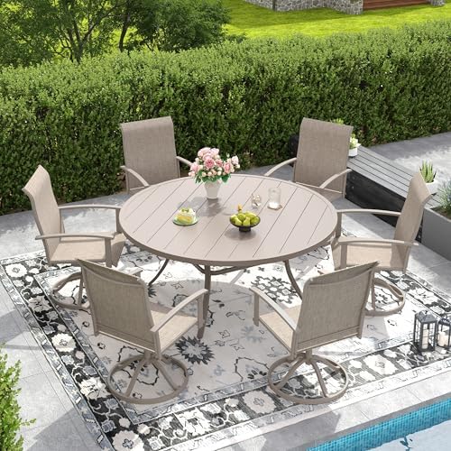 DIFY 7 Piece Outdoor Dining Set, Sandshell Metal Table & Swivel Chairs by DIFY