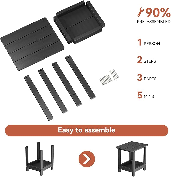 Adirondack Outdoor Side Table with 2 Layer Storage Small Adirondack Square Side Tables for Outside Weather Resistant Patio End Table for Pool, Backyard, Indoor Companion, Front Porch, Black