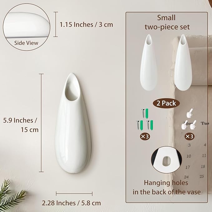 2 Pack White Ceramic Wall Vases,5.9 Inch Wall Hanging Plant Holder,Cubicle Modern Decor Plant Holder Vase for Indoor Plants, Hanging Propagation Flower Pots for Air Vases