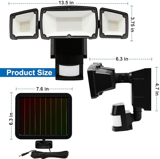 AmeriTop Solar Lights Outdoor, Super Bright 1600LM LED 6000K Solar Motion Sensor Lights with Wide Angle Illumination; 3 Adjustable Heads, IP65 Waterproof Outdoor Security Lighting (Black)