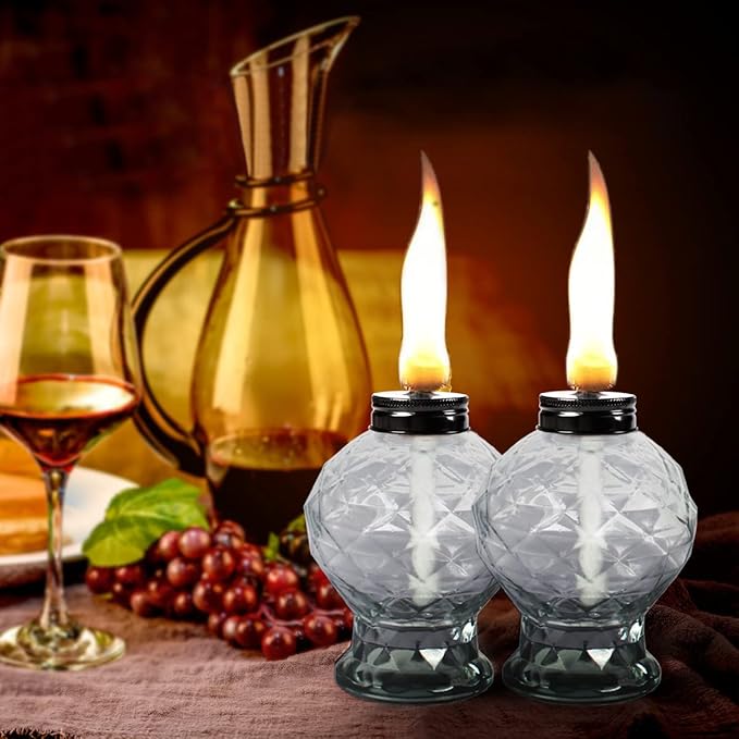 4 Pack Glass Table Torches, Citronella Table Top Torches with Wick and Cap for Outdoor, Refillable Landscape Lanterns for Yard, Patio, Christmas, Garden, Party Decor