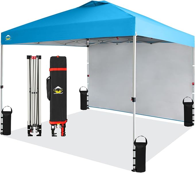 CROWN SHADES 10x10 Pop Up Canopy with 1 Side Wall - Beach Tent with One Push Setup - Outdoor Sun Shade for Events, Parties, Camping - Gazebo with STO-N-Go Cover Bag (Sky Blue)