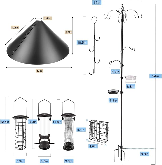 Bird Feeding Station Kit with Squirrel Baffle Bird Feeder Pole with Suet Cage Mesh Tray Fruit Hook Double W Hook for Attracting Wild Birds and Hanging Planter Hanger Lights