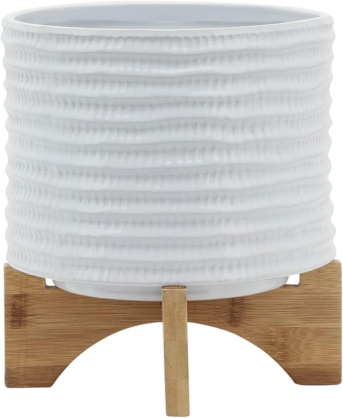 8" Ceramic Planter Stand, White with Wooden Base, Indoor/Outdoor Planter with Stand for Your Succulents and Small Plants, White Planter