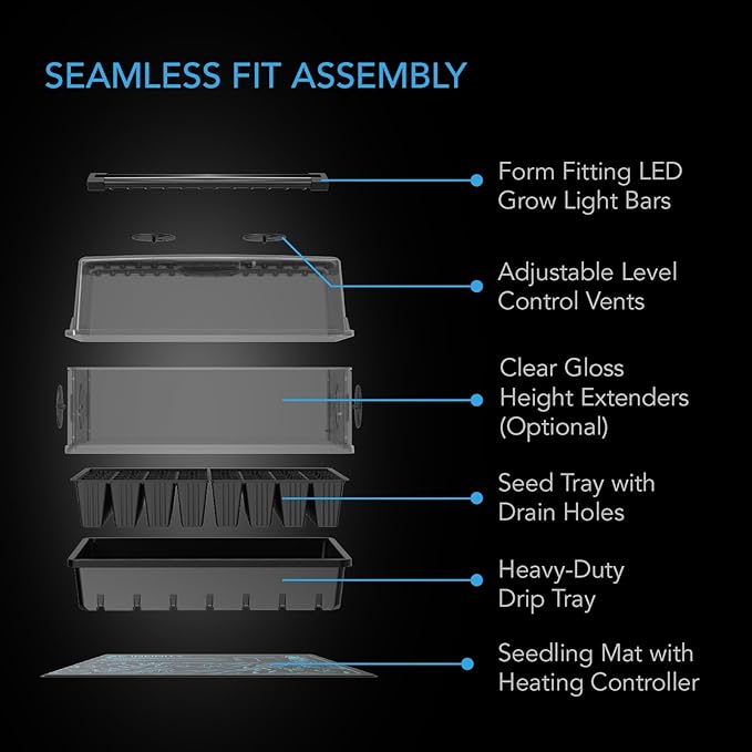 AC Infinity Heavy Duty 3mm Thick Humidity Dome Germination Kit with Waterproof Seedling Mat, Dimmable LED Grow Light Bars, Vented Height Extensions for Indoor Gardening, Seed Starting, Plant Cloning