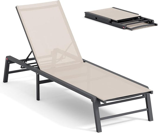 Aluminum Chaise Lounge Chair Outdoor, Foldable Patio Lounge Chair Assemble-Free, Pool Lounge Chairs with 5 Adjustable Backrest, Outdoor Lounge Chairs for Outside Poolside Beach Lawn Beige