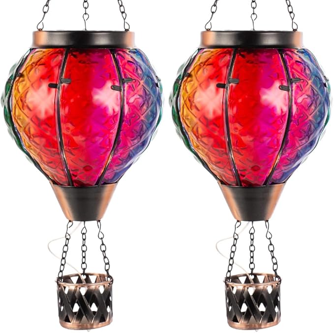 2PCS Hot Air Balloon Solar Lantern with Flame Flickering Light LED Glass Hanging Solar Lanterns Outdoor Waterproof Hot Air Balloon Decoration Outdoor Light for Patio Tree Yard Garden Decor