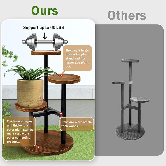 AUGOSTA 3 Tier Plant Stand, Tall Metal Wood Shelf Holder for Indoor, Outdoor Display Rack Flower Pot Stand for Corner Living Room Balcony Garden Patio