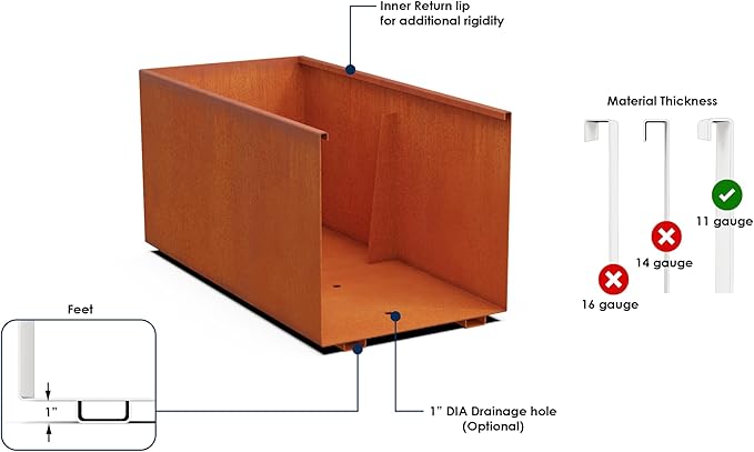46-Inch Corten Steel Planter Box - Large Rectangular Planter for Outdoor Plants | Modern Heavy Duty Metal Design | Made in USA