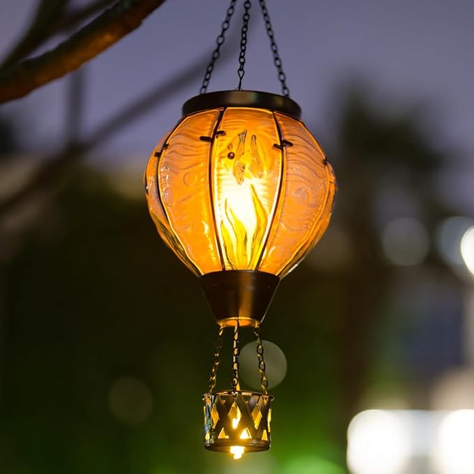 Blue Fish Hot Air Balloon Solar Lantern with Flickering Flame Light,Glass Hanging Solar Lanterns Outdoor Waterproof,Hot Air Balloon Decorative Lights for Patio Yard Porch Garden Gift for Women