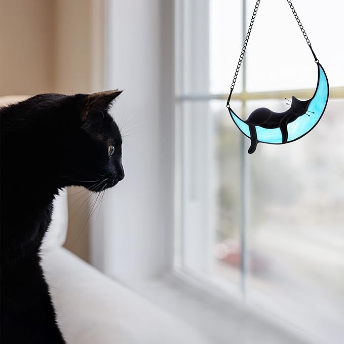 BOXCASA Sleeping Cat Stained Glass Windown Hanging,Black Cat on Moon Beautiful Handcrafted Sun Catcher Gifts for Daughter,Mothers Day,Christmas and Cat Lover