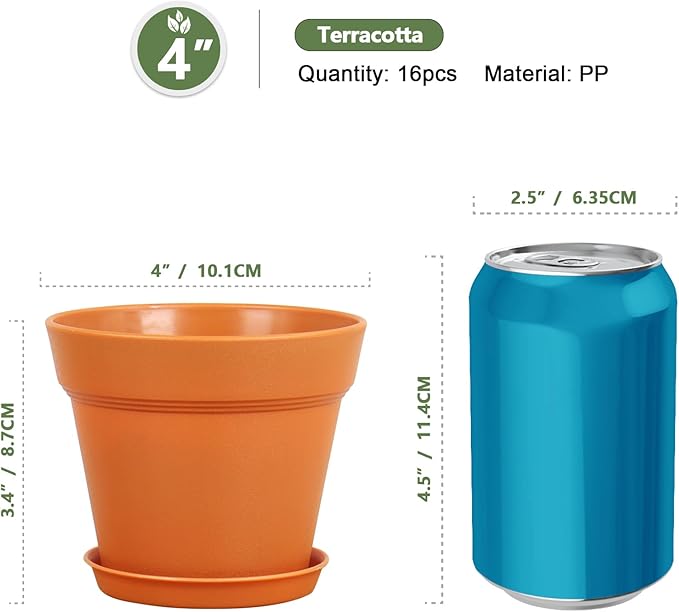 4 inch Small Plastic Nursery Pots, 16 Pack Plant Pots for Indoor Outdoor Plants, Flower Pots with Drainage Holes and Saucers, Decorative Seedling Starter Planters for House Plants, Terracotta