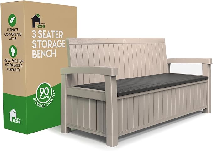 EconoHome 3 Seat Outdoor Storage Bench - 90 Gallon Capacity - Weatherproof Resin Bench for Patio, Porch, Garden, Yard, Pool Area - Furniture for Pool Accessories, Gardening Tools, Toys