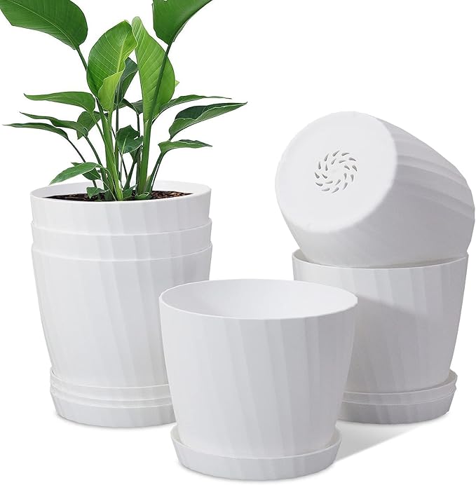 7 Inch Plant Pots Bulk, 6 Pack Plastic Planters with Drainage Holes and Saucers for Indoor Outdoor House Plants and Flowers, White